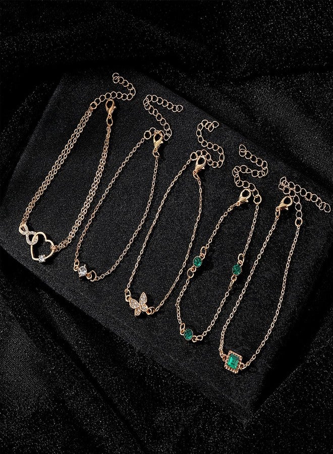 IFKM Gold Bracelets For Women, 14k Gold Plated Layeard Jewelry Bangle Bracelet Set, Trendy Thin Dainty Emerald Rhinestone Stackable Link Chain Fashion Accessories Gifts (Butterfly heart) - Image 5